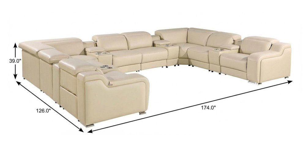 Beige Italian Leather Power Reclining U Shaped Twelve Piece Corner Sectional With Console HomeRoots