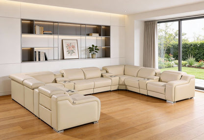 Beige Italian Leather Power Reclining U Shaped Twelve Piece Corner Sectional With Console HomeRoots