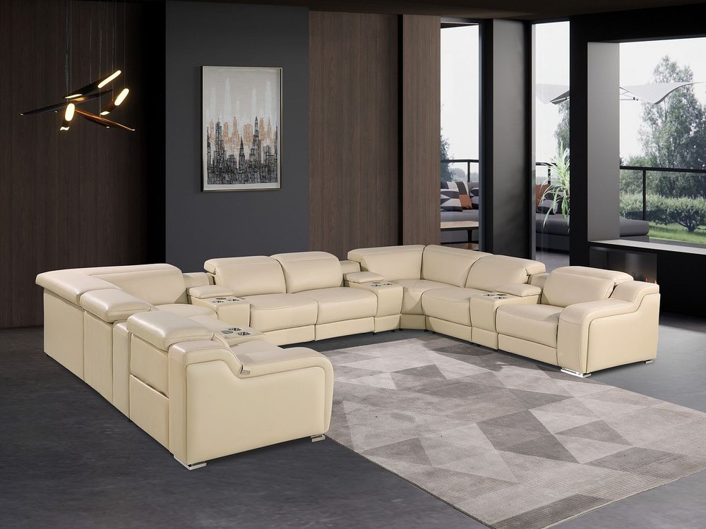 Beige Italian Leather Power Reclining U Shaped Twelve Piece Corner Sectional With Console HomeRoots