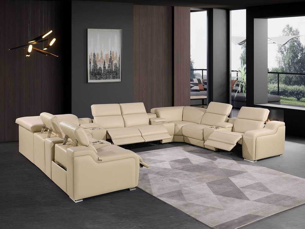 Beige Italian Leather Power Reclining U Shaped Twelve Piece Corner Sectional With Console HomeRoots