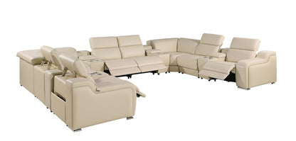 Beige Italian Leather Power Reclining U Shaped Twelve Piece Corner Sectional With Console HomeRoots