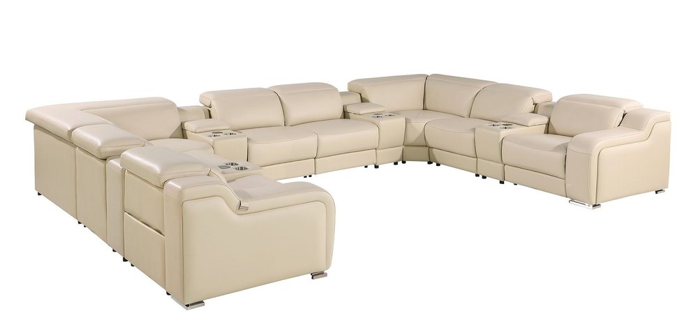 Beige Italian Leather Power Reclining U Shaped Twelve Piece Corner Sectional With Console HomeRoots