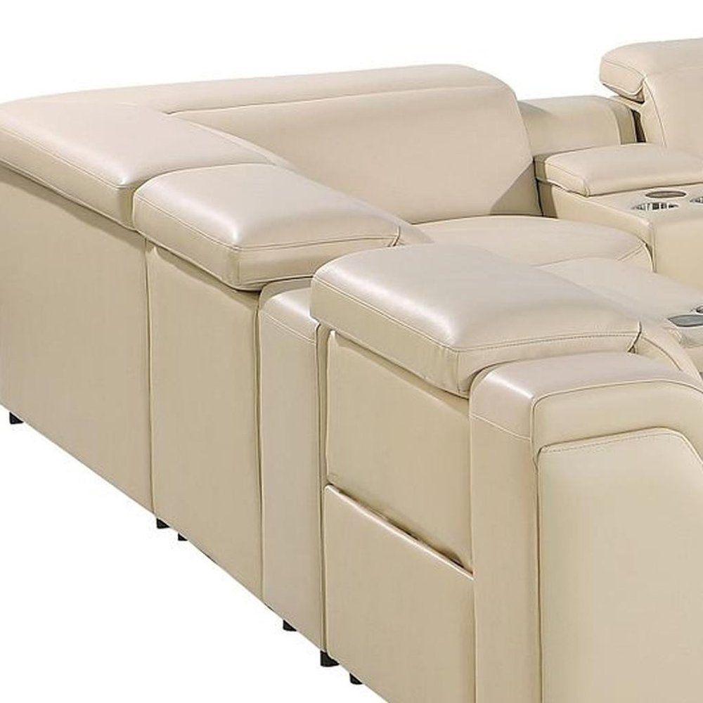 Beige Italian Leather Power Reclining U Shaped Twelve Piece Corner Sectional With Console HomeRoots