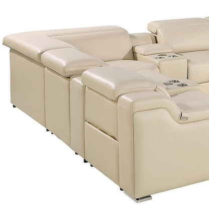 Beige Italian Leather Power Reclining U Shaped Twelve Piece Corner Sectional With Console HomeRoots