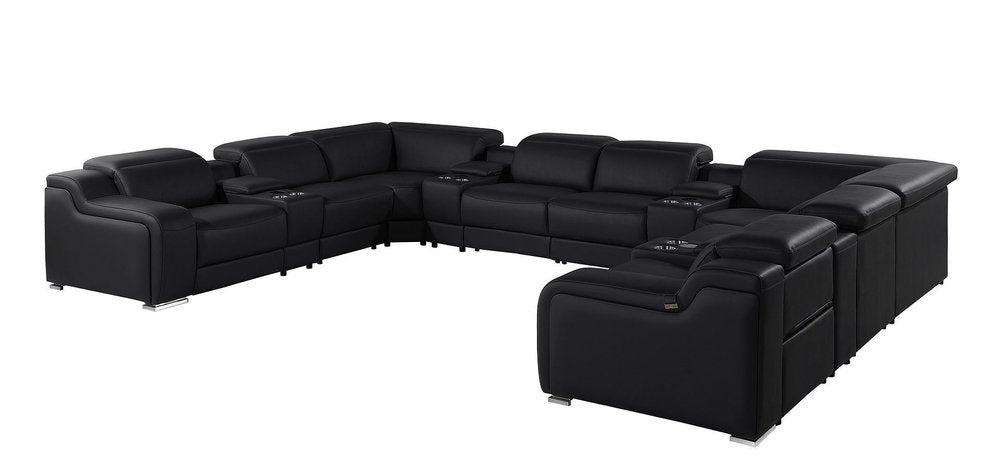 Black Italian Leather Power Reclining U Shaped Twelve Piece Corner Sectional With Console — view 8