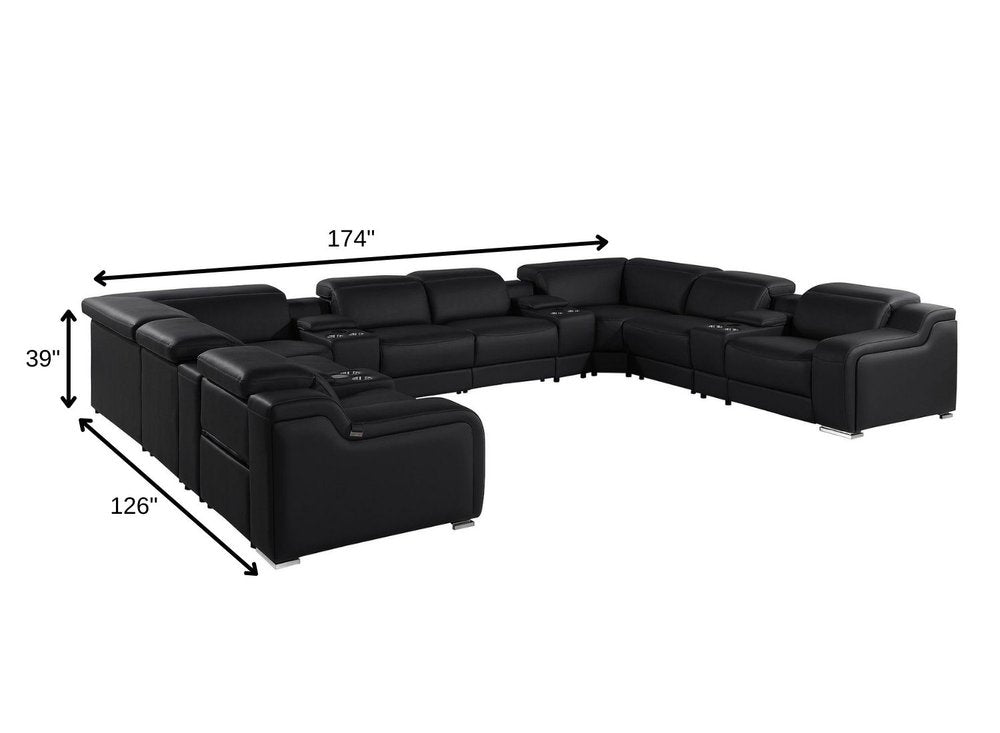 Black Italian Leather Power Reclining U Shaped Twelve Piece Corner Sectional With Console — view 9