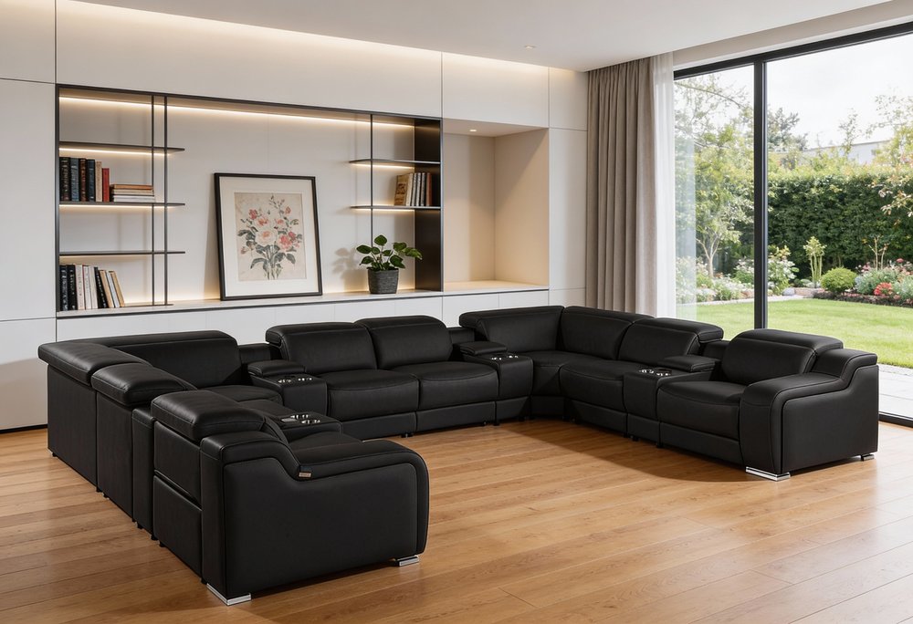 Black Italian Leather Power Reclining U Shaped Twelve Piece Corner Sectional With Console — view 10