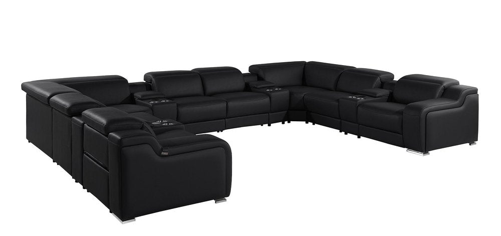 Black Italian Leather Power Reclining U Shaped Twelve Piece Corner Sectional With Console — view 1