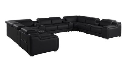 Black Italian Leather Power Reclining U Shaped Twelve Piece Corner Sectional With Console