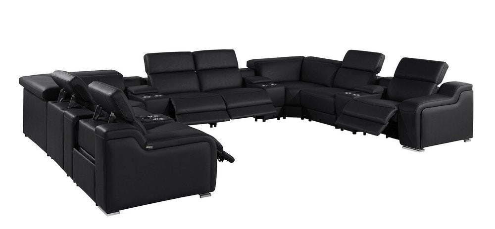Black Italian Leather Power Reclining U Shaped Twelve Piece Corner Sectional With Console — view 2