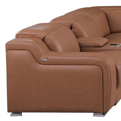 Chestnut Italian Leather Power Reclining U Shaped Twelve Piece Corner Sectional With Console HomeRoots
