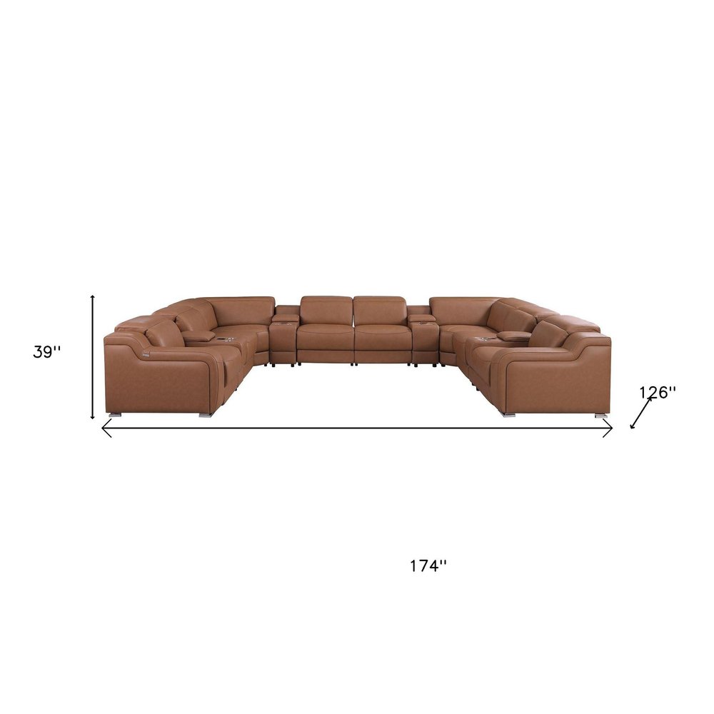 Chestnut Italian Leather Power Reclining U Shaped Twelve Piece Corner Sectional With Console HomeRoots