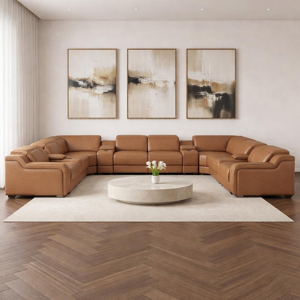 Chestnut Italian Leather Power Reclining U Shaped Twelve Piece Corner Sectional With Console HomeRoots