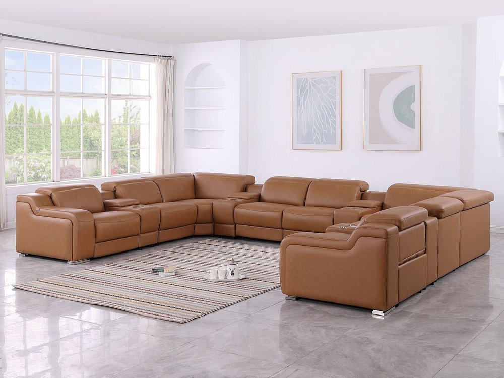 Chestnut Italian Leather Power Reclining U Shaped Twelve Piece Corner Sectional With Console HomeRoots