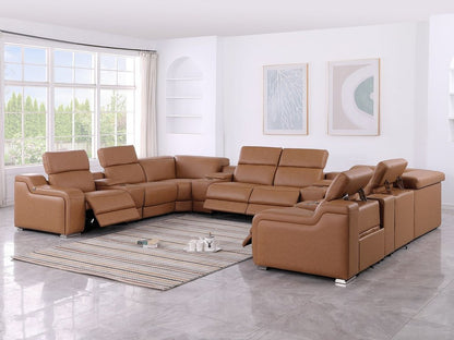 Chestnut Italian Leather Power Reclining U Shaped Twelve Piece Corner Sectional With Console HomeRoots