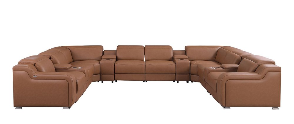 Chestnut Italian Leather Power Reclining U Shaped Twelve Piece Corner Sectional With Console HomeRoots