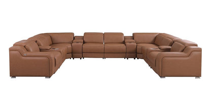 Chestnut Italian Leather Power Reclining U Shaped Twelve Piece Corner Sectional With Console HomeRoots