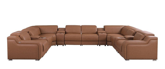 Chestnut Italian Leather Power Reclining U Shaped Twelve Piece Corner Sectional With Console HomeRoots