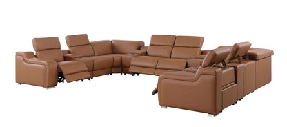 Chestnut Italian Leather Power Reclining U Shaped Twelve Piece Corner Sectional With Console HomeRoots