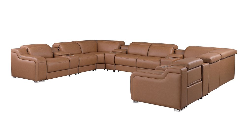 Chestnut Italian Leather Power Reclining U Shaped Twelve Piece Corner Sectional With Console HomeRoots