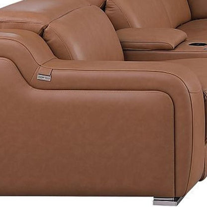 Chestnut Italian Leather Power Reclining U Shaped Twelve Piece Corner Sectional With Console HomeRoots