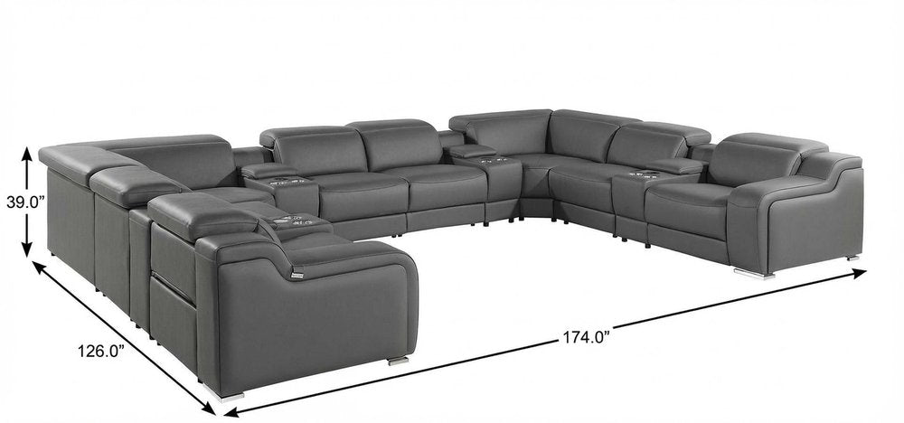 Dark Gray Italian Leather Power Reclining U Shaped Twelve Piece Corner Sectional With Console HomeRoots