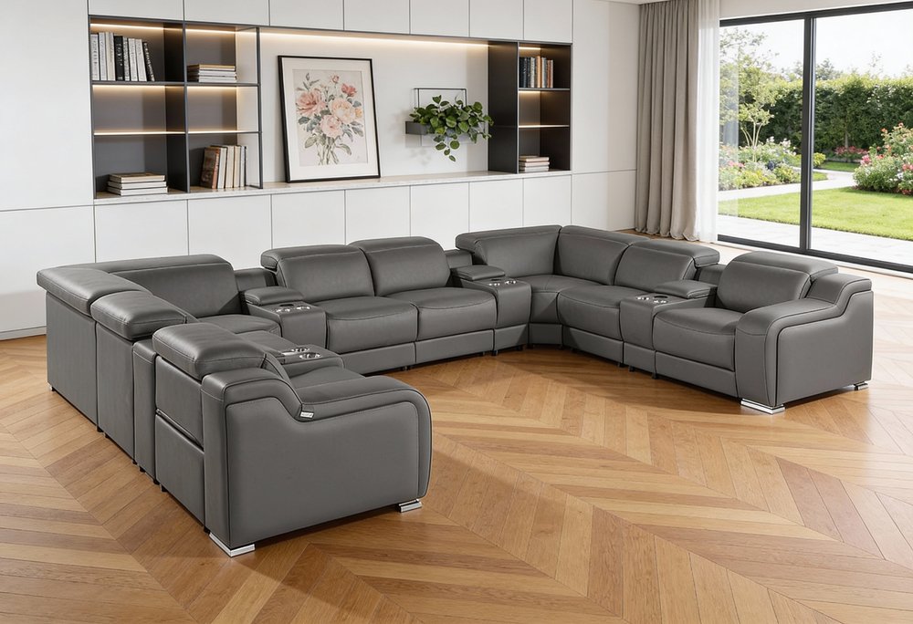 Dark Gray Italian Leather Power Reclining U Shaped Twelve Piece Corner Sectional With Console HomeRoots