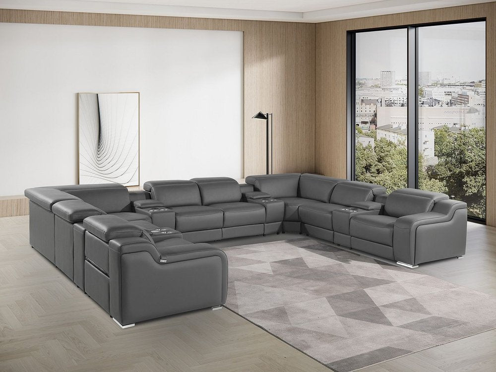 Dark Gray Italian Leather Power Reclining U Shaped Twelve Piece Corner Sectional With Console HomeRoots