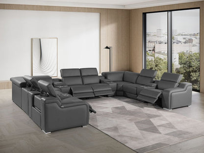 Dark Gray Italian Leather Power Reclining U Shaped Twelve Piece Corner Sectional With Console HomeRoots