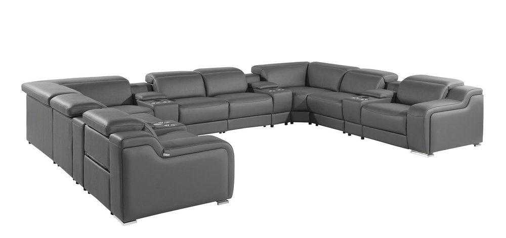 Dark Gray Italian Leather Power Reclining U Shaped Twelve Piece Corner Sectional With Console HomeRoots