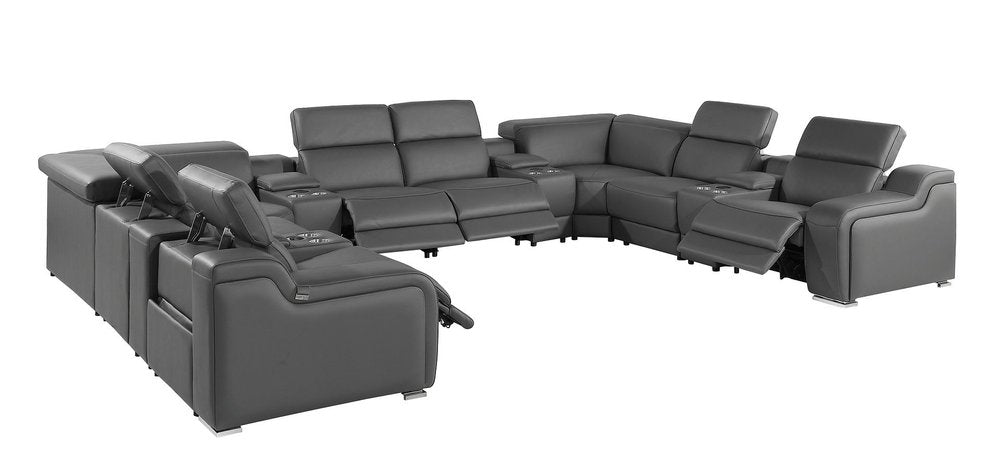 Dark Gray Italian Leather Power Reclining U Shaped Twelve Piece Corner Sectional With Console HomeRoots