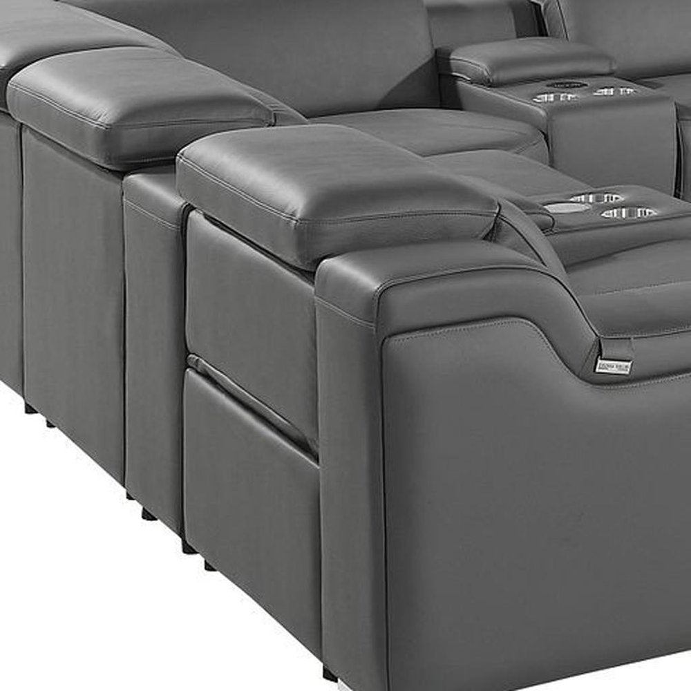 Dark Gray Italian Leather Power Reclining U Shaped Twelve Piece Corner Sectional With Console HomeRoots