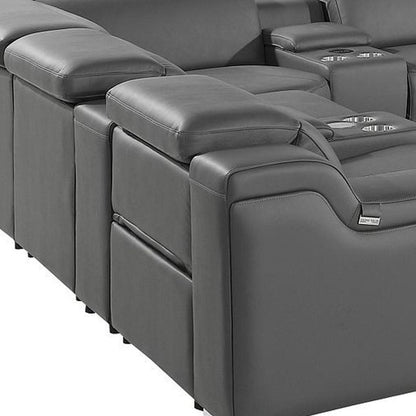 Dark Gray Italian Leather Power Reclining U Shaped Twelve Piece Corner Sectional With Console HomeRoots