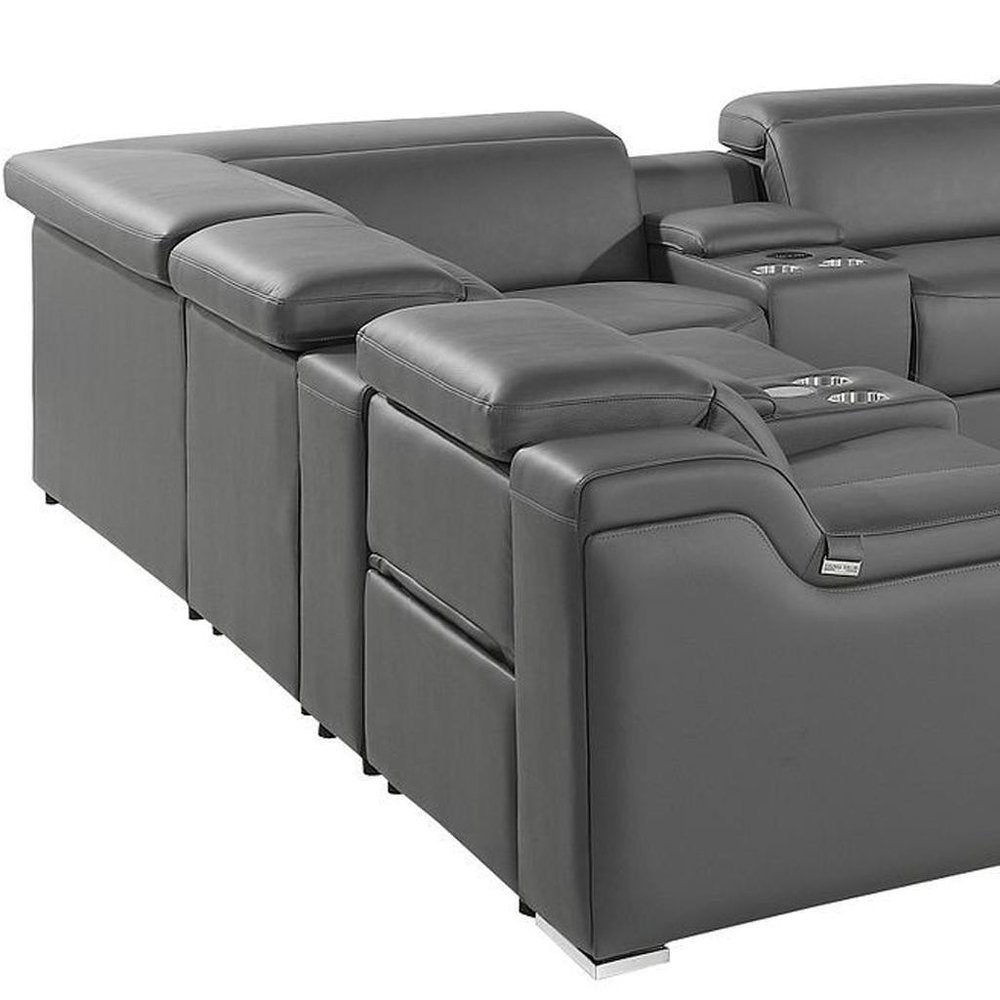 Dark Gray Italian Leather Power Reclining U Shaped Twelve Piece Corner Sectional With Console HomeRoots