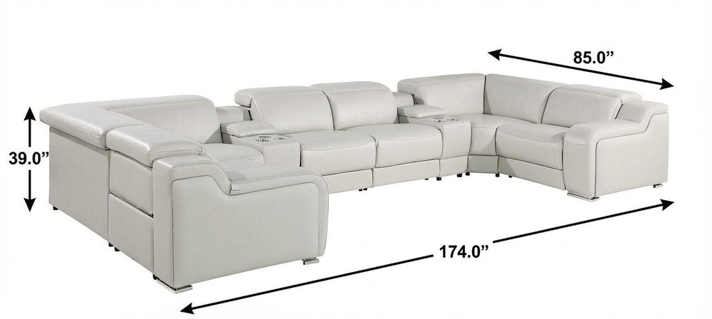 Light Gray Italian Leather Power Reclining U Shaped Eight Piece Corner Sectional With Console HomeRoots