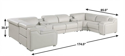 Light Gray Italian Leather Power Reclining U Shaped Eight Piece Corner Sectional With Console HomeRoots