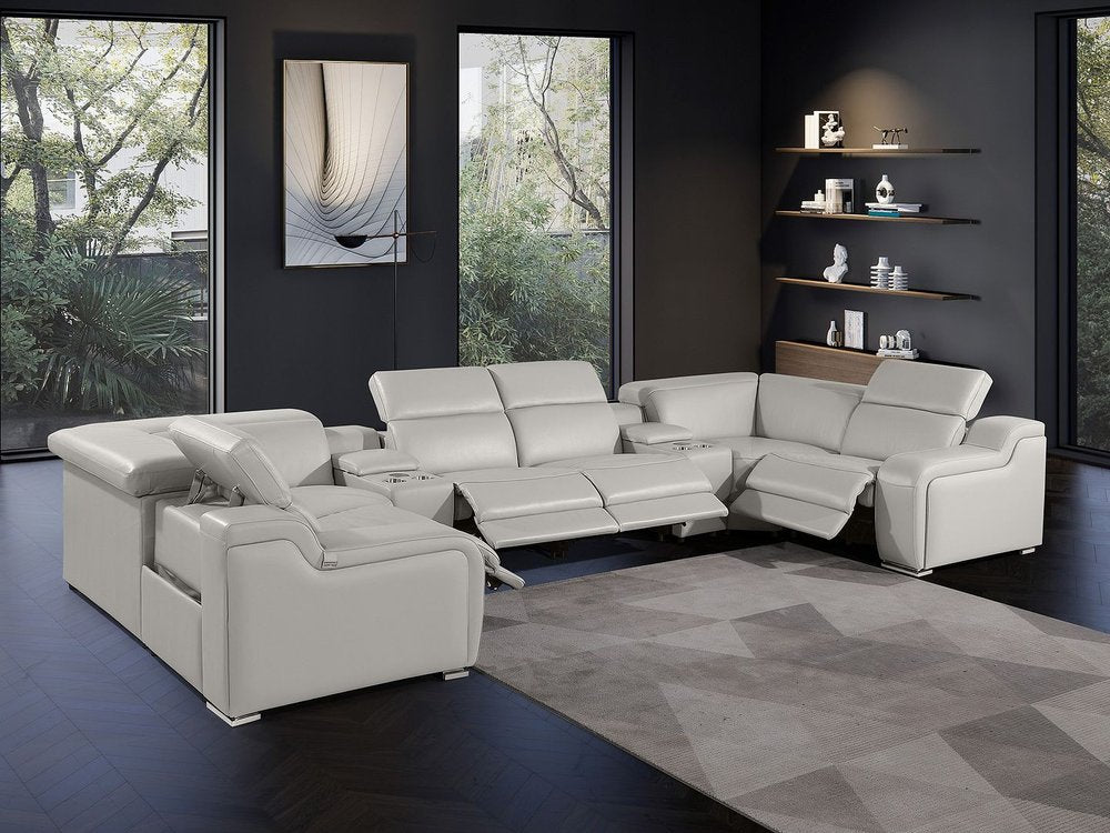 Light Gray Italian Leather Power Reclining U Shaped Eight Piece Corner Sectional With Console HomeRoots
