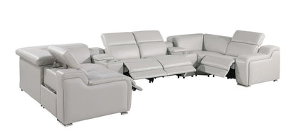 Light Gray Italian Leather Power Reclining U Shaped Eight Piece Corner Sectional With Console HomeRoots