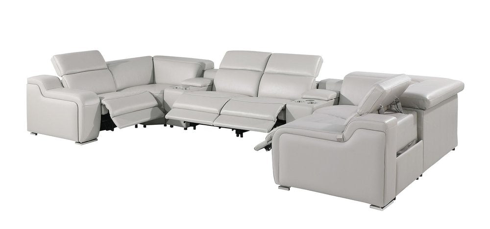 Light Gray Italian Leather Power Reclining U Shaped Eight Piece Corner Sectional With Console HomeRoots