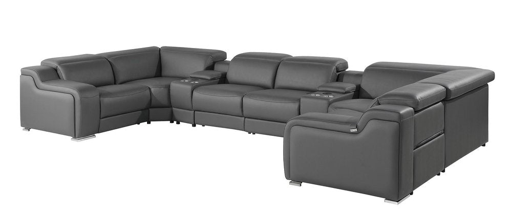 Dark Gray Italian Leather Power Reclining U Shaped Eight Piece Corner Sectional With Console HomeRoots