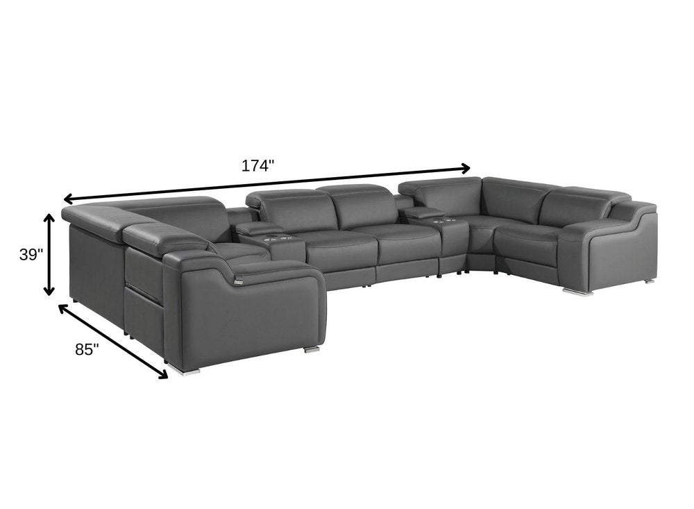 Dark Gray Italian Leather Power Reclining U Shaped Eight Piece Corner Sectional With Console HomeRoots