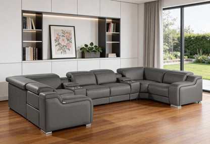 Dark Gray Italian Leather Power Reclining U Shaped Eight Piece Corner Sectional With Console HomeRoots