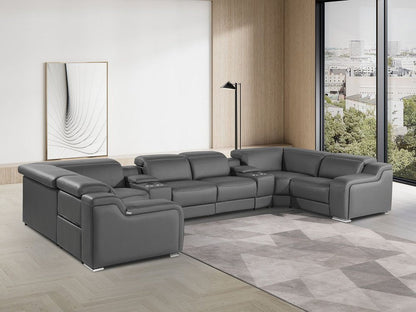 Dark Gray Italian Leather Power Reclining U Shaped Eight Piece Corner Sectional With Console HomeRoots
