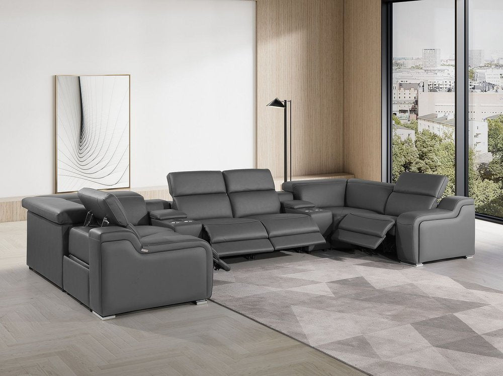 Dark Gray Italian Leather Power Reclining U Shaped Eight Piece Corner Sectional With Console HomeRoots