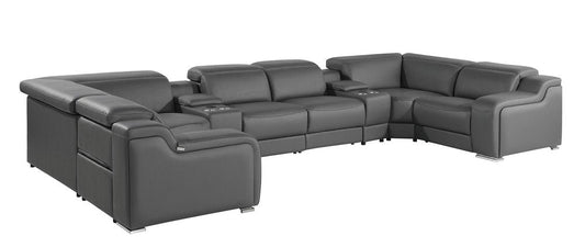 Dark Gray Italian Leather Power Reclining U Shaped Eight Piece Corner Sectional With Console HomeRoots