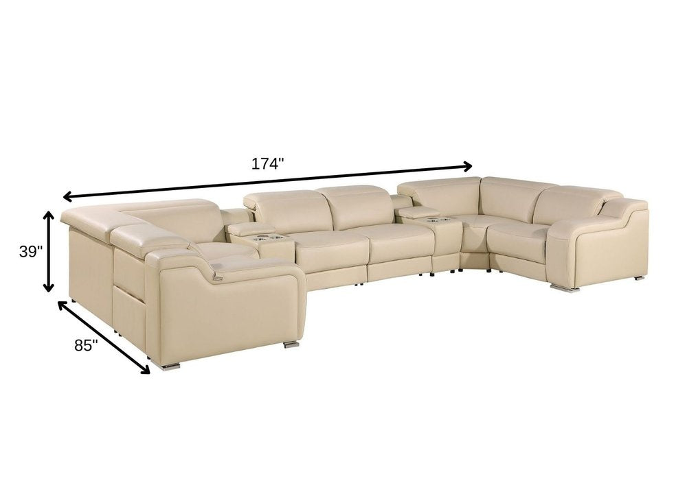 Beige Italian Leather Power Reclining U Shaped Eight Piece Corner Sectional With Console HomeRoots