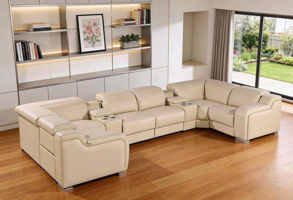Beige Italian Leather Power Reclining U Shaped Eight Piece Corner Sectional With Console HomeRoots