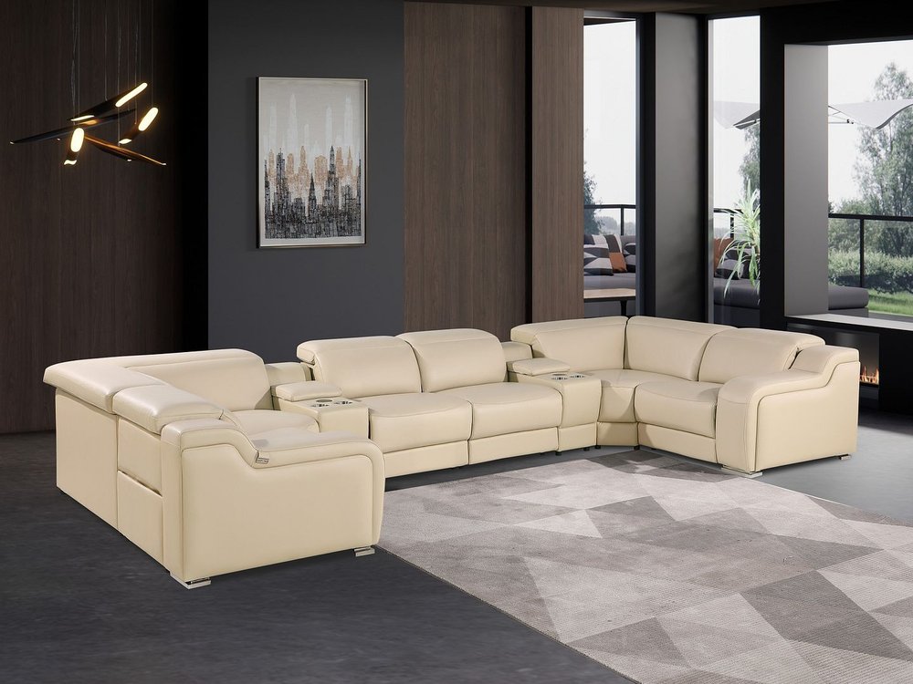Beige Italian Leather Power Reclining U Shaped Eight Piece Corner Sectional With Console HomeRoots