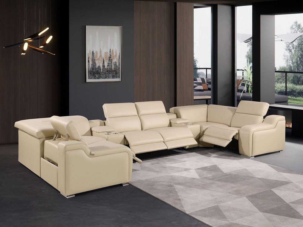 Beige Italian Leather Power Reclining U Shaped Eight Piece Corner Sectional With Console HomeRoots