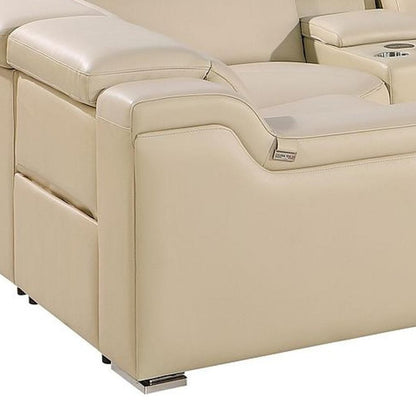 Beige Italian Leather Power Reclining U Shaped Eight Piece Corner Sectional With Console HomeRoots